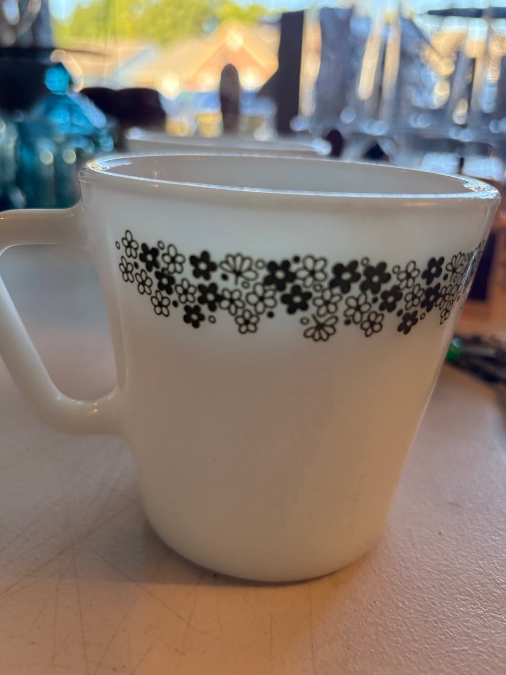 Vintage Pyrex milk glass, crazy Daisy, coffee mug